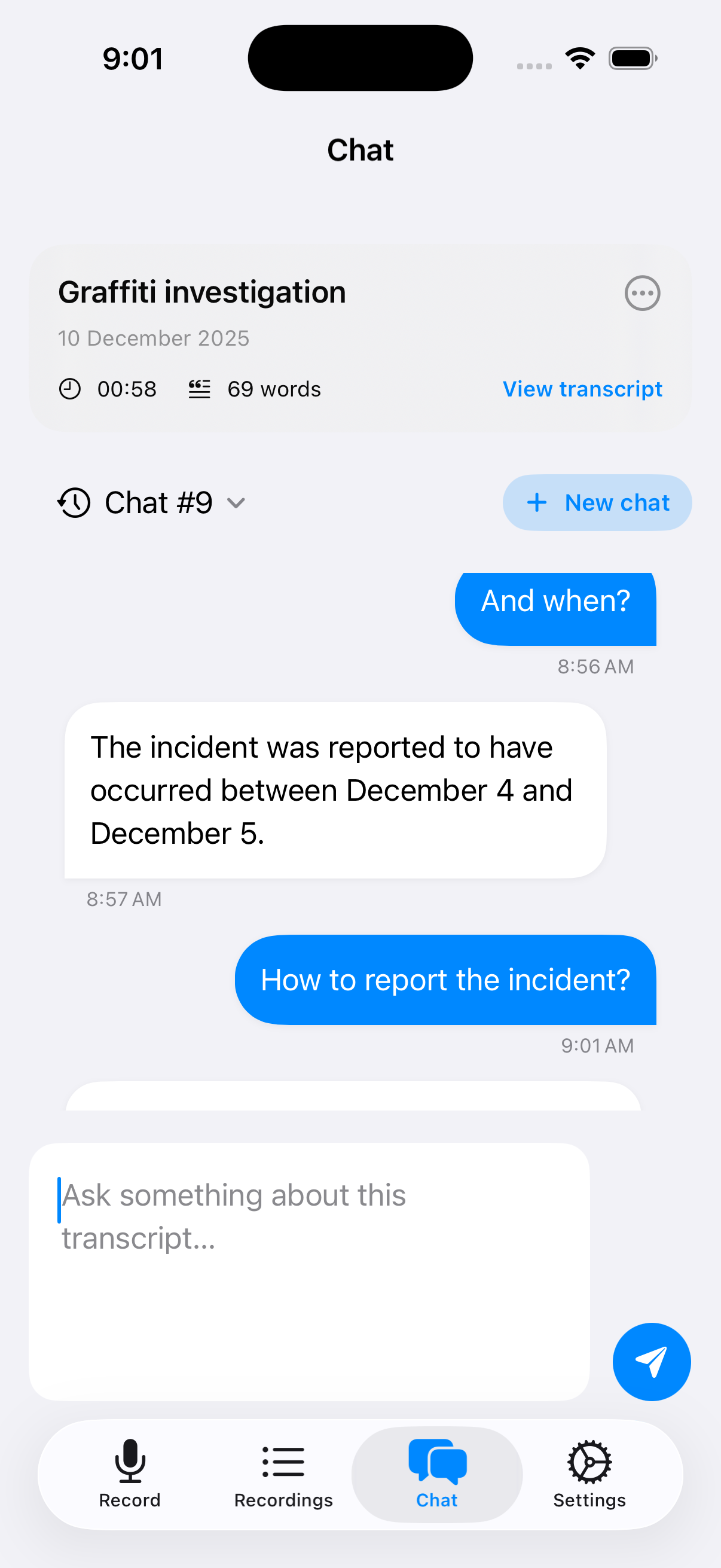 Chat interface asking questions about a selected transcript