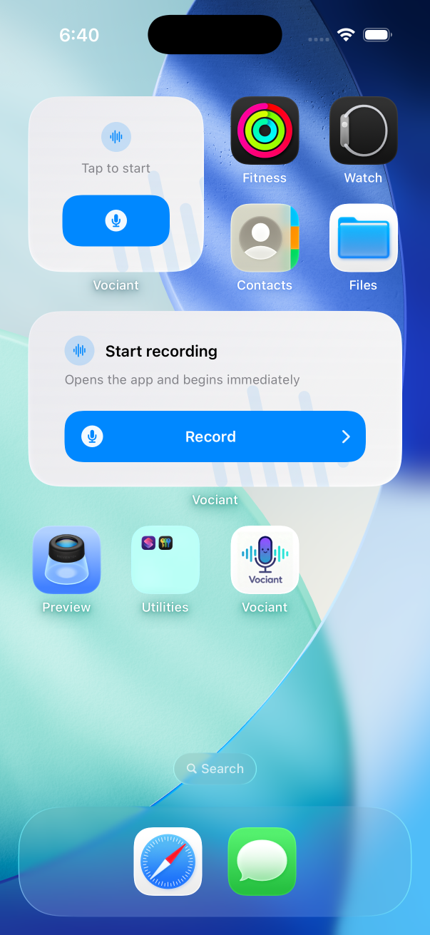 Record tab with large microphone button and waveform visualization